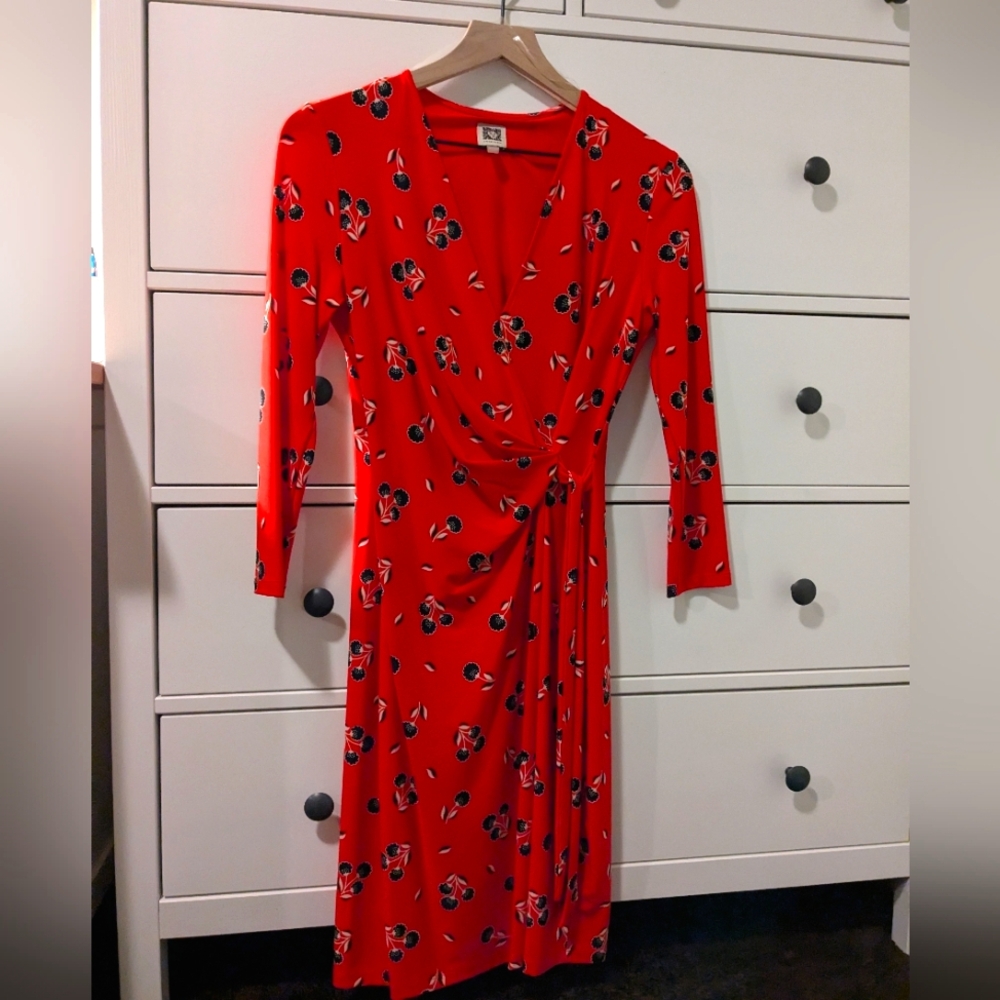 Anne Klein Red & Navy Floral Wrap Dress Size Small